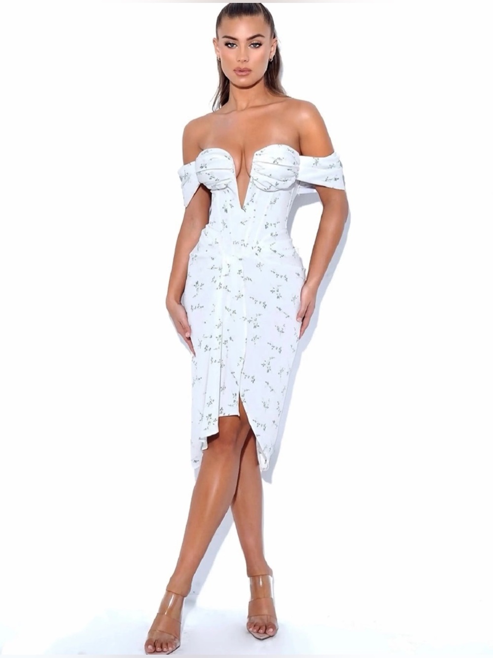 NWT Miss Circle Southern Belle Off-Shoulder Off White Floral Midi Dress Small S